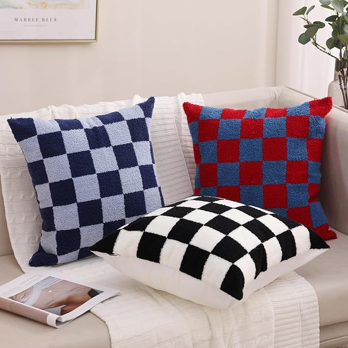 Alysheer Checkered Embroidered Decorative Throw Pillow Covers 18"x 18" Set of 2, Classic Chic Navy Blue Plaid Tufted Patterned Cotton Canvas Cushion Case for Sofa Couch Bed Living Room-Ruum Studio Home