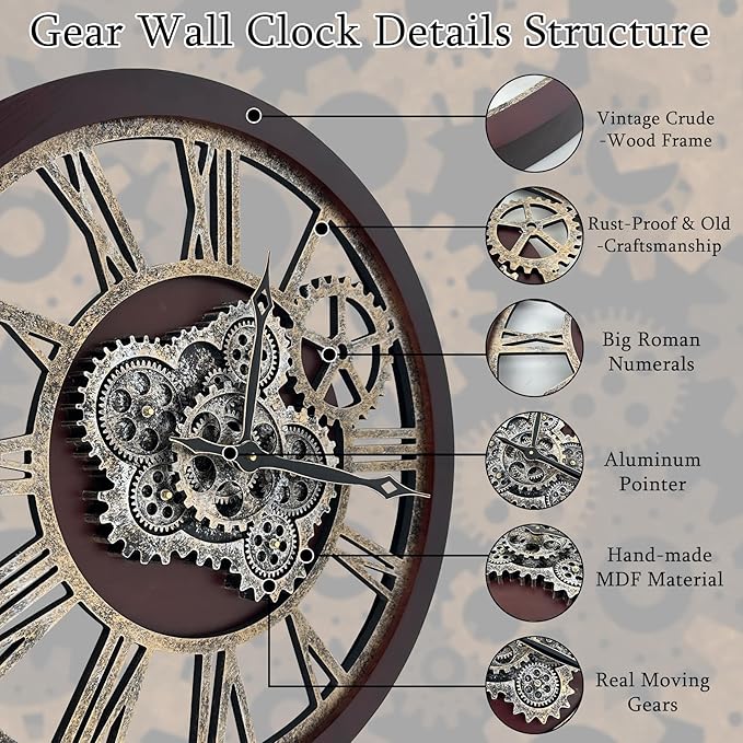 HOIBAI Large Wall Clock, Wall Clocks for Living Room Decor 30 Inch Farmhouse Vintage Rustic Kitchen Wall Decor Vintage Roman Oversized Wall Clock for Home Bedroom House, Moving Gears Clock-Ruum Studio Home