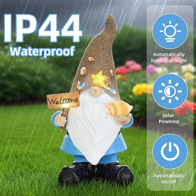 Solar Garden Gnomes Decor Outdoor Statue - Gnome Welcome Sign with LED Waterproof Sculptures Lights, Gnome Pond/Yard Statues Outside Decoration, Home, Lawn, Patio, Resin Ornament, Gardening Gift-Ruum Studio Home