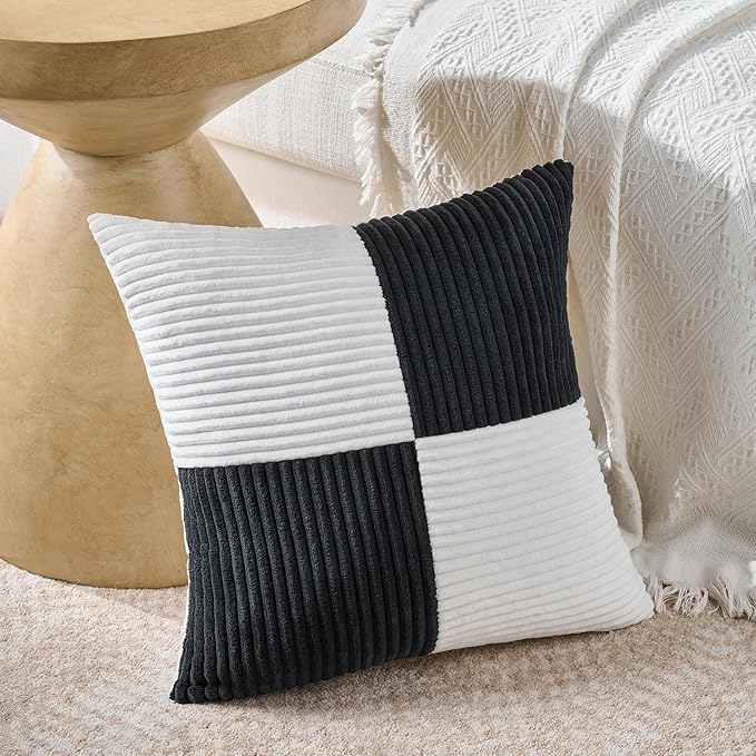 Fancy Homi Set of 2 Black White Samll Decorative Throw Pillow Covers 18x18 Inch with for Couch Bed Sofa Living Room, Soft Cross Patchwork Striped Corduroy Modern Square Cushion Case 45x45 cm-Ruum Studio Home