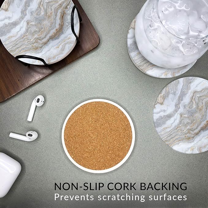 Emerson Coasters for Drinks Absorbent – Natural Stone Drink Coasters Set with Holder, Coasters for Coffee Table, Wooden Tabletop Protection Marble Style – 100% Heavy Duty Set of 6 (Sky)-Ruum Studio Home
