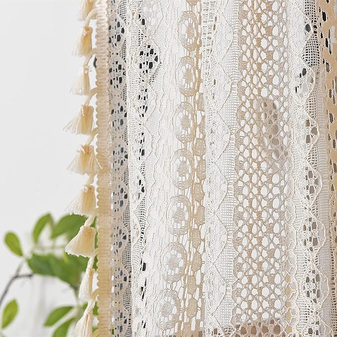 Sutuo Home Boho Sheer Curtain Valance Crochet Lace with Bohemian Hollow Knitted Handmade Tassels, Short Farmhouse Window Treatment for Kitchen Cafe, Rod Pocket, 1 Panel 59" W x 18" L, Beige-Ruum Studio Home