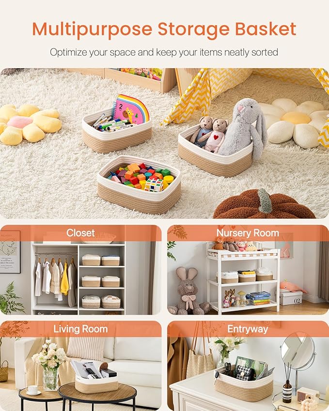 KALLAX Small Woven Basket, 12 x 8 x 4.5 Inches, Storage Basket for Organizing, Cute Small Rope Shelf Closet Cube Storage Bins Baskets for Shelves, Dog Toy Gift Baskets Empty, 3 Pack White & Brown-Ruum Studio Home