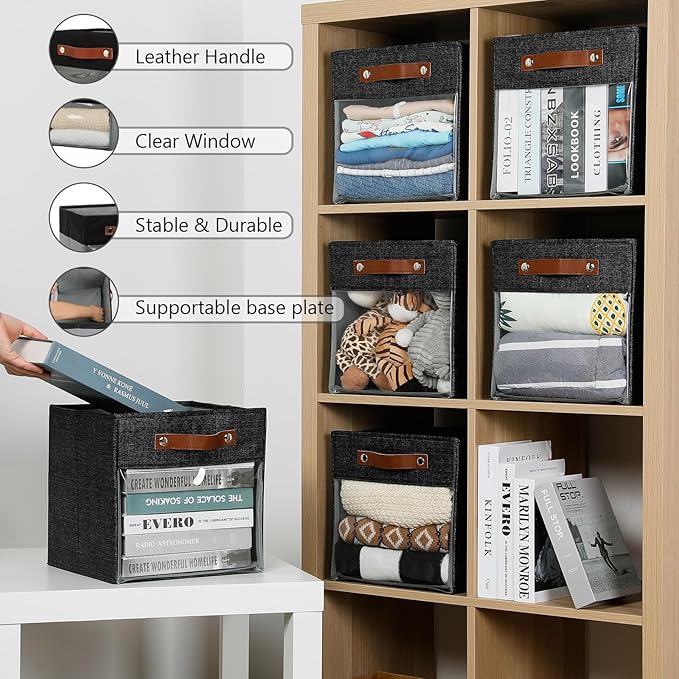 HNZIGE Fabric Cube Storage Bins 11 x 11, Collapsible Storage Cubes Bins for Storage Shelves,Foldable Cube Storage Bins for Storage, Cubby Closet Clear Bins for Storage Blanket(Prints Black 6PCS)-Ruum Studio Home