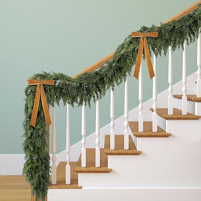 2 Pcs Christmas Norfolk Pine Garlands, 6 Ft Double Color Real Touch Artificial Cedar Garland, Faux Pine Cypress Greenery Garland Ornaments for Mantle Fireplace Table Indoor Outdoor Xmas Decoration-Ruum Studio Home
