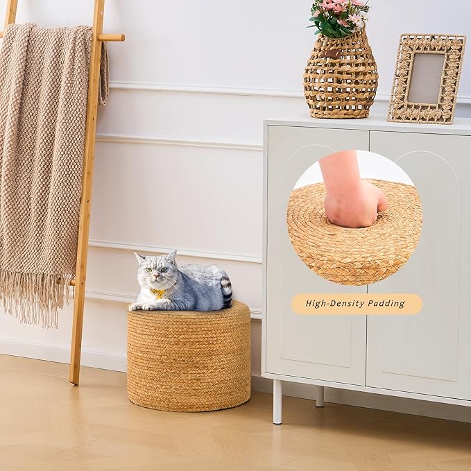 Handwoven Water Hyacinth Ottoman Pouf, Round Outdoor Footstool with Sturdy Frame, No Assembly Needed, Boho Accent Stool for Indoor & Outdoor Use – Patio, Balcony, Living Room (Natural)-Ruum Studio Home