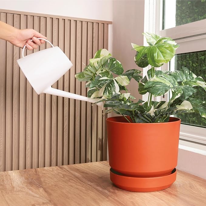 Elly Décor 12 inch Plastic Cylinder Planter Pot with Self-Watering Saucer and Drainage Hole,Lightweight & Extremely Durable, 12"x 12", Terracotta-Ruum Studio Home