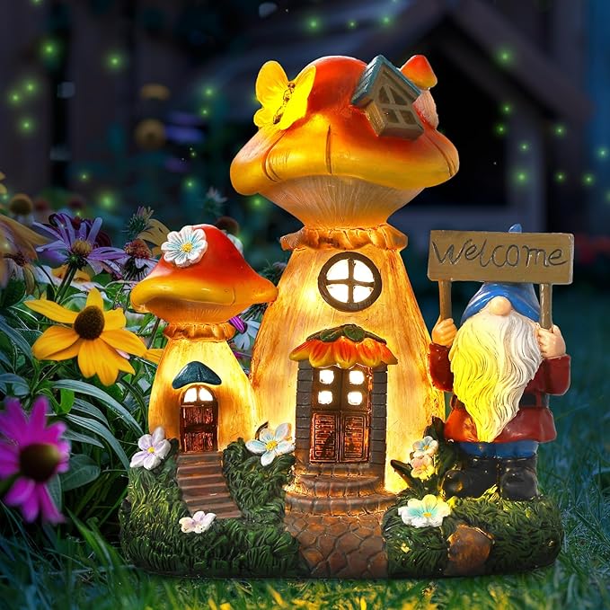 Solar Garden Statue Lights Mushroom Fairy House Figurine, Outdoor Memorial Garden Ornaments Waterproof Decoration for Outside Patio Yard Lawn Decor-Ruum Studio Home