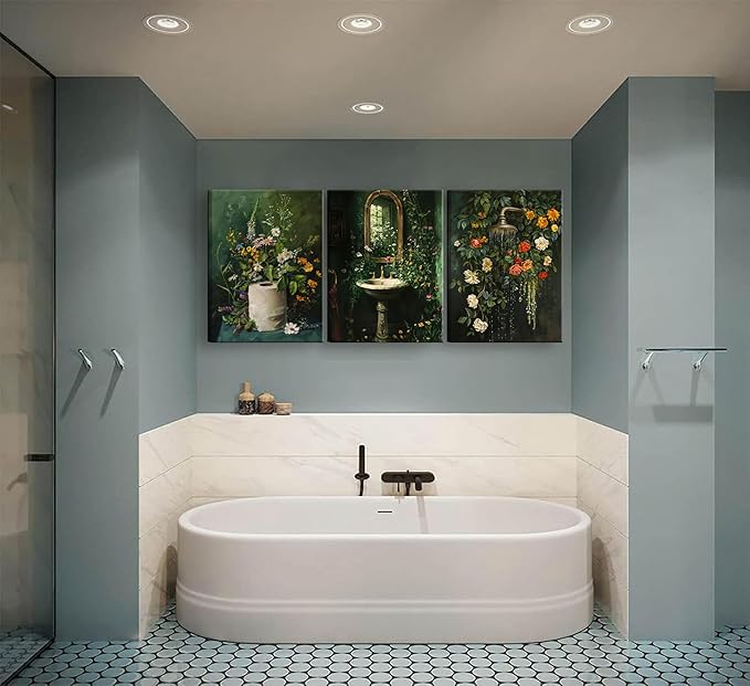 3Pcs Framed Vintage Dark Green Bathroom Wall Art Shower Toilet Paper Roll Floral Poster Print Modern Farmhouse plants Painting Picture Wall Decor For Bathroom Living Room Decoration-Ruum Studio Home