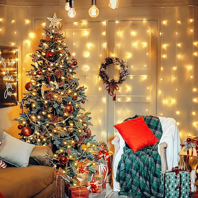 JMEXSUSS 300 LED Remote Control Curtain Lights, Plug in Fairy Curtain Lights Outdoor, Window Wall Hanging String Lights for Bedroom Backdrop Wedding Party Indoor Christmas Patio Dorm Decor, Warm White-Ruum Studio Home