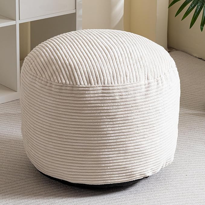 HIGOGOGO Round Stuffed Pouf Ottoman, Corduroy Poufs with Foam Chunk Filling, Furry and Fluffy Pouf Foot Stool Storage Ottoman, 26 X 18 Floor Poufs Foot Rest for Living Room, Beige-Ruum Studio Home