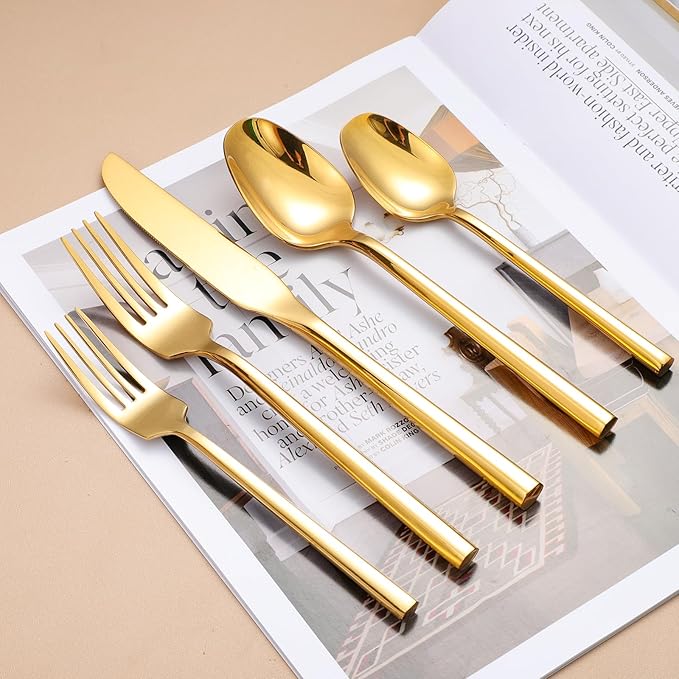 Mirror Silverware Set Gold Flatware Set with Hexagon Handle 20 Pieces 18/0 Stainless Steel Cutlery Set Wedding Housewarming Gift Service for 4 (Mirror gold)-Ruum Studio Home