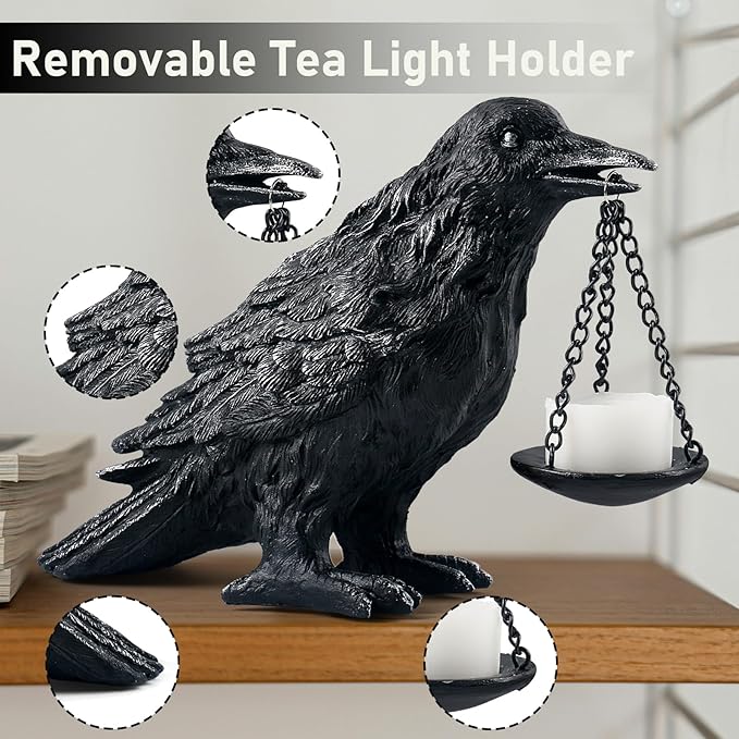Raven Gothic Home Decor Fake Crow Light Holder Raven Lamp Tealight Candle Holder Resin Raven Statue Wearing Silver-Ruum Studio Home