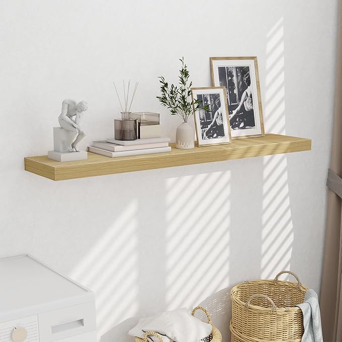 Fun Memories 55 Inch Fireplace Mentel Shelf, 10 Inch Deep Shelves for Display & Wall Storage, Rustic Wood Wall Shelf, Extra Long Floating Shelves for Living Room Laundry Room, Oak, Set of 1-Ruum Studio Home