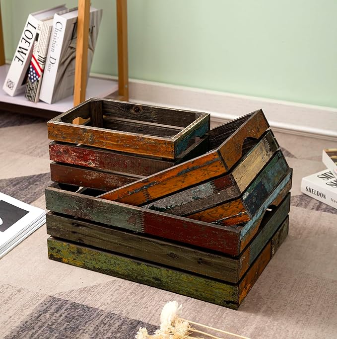 TIMRIS Set of 3 Rustic Distressed Wood Nesting Crates, Farmhouse Decorative Wooden Storage Boxes, Large Vintage Reclaimed Wood Baskets for Display (Random)-Ruum Studio Home
