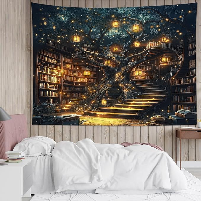 HVEST Fantasy Library Bookshelf Tapestry for Classroom Fairytale Tree Magic Bookshelf Wall Decor Retro Vintage Tapestry for Bedroom Living Room Study Room Dorm, 60L x 80W Inches-Ruum Studio Home