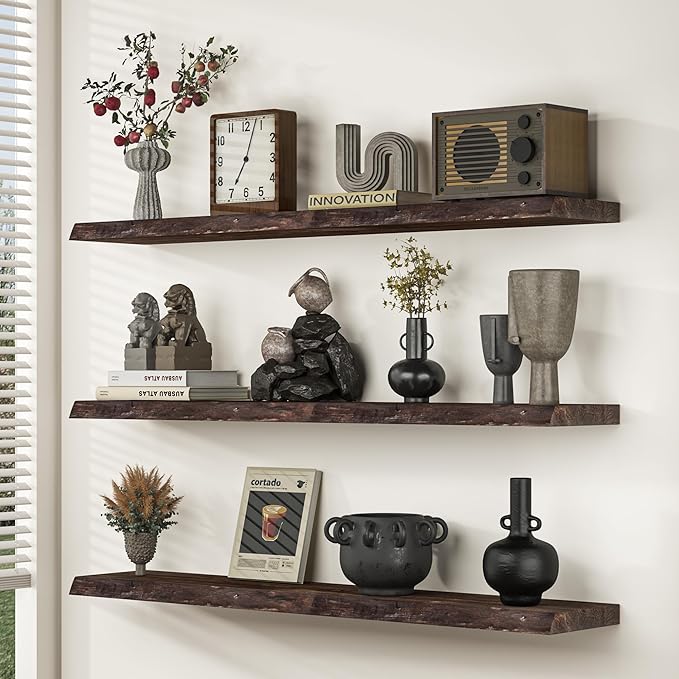 Fun Memories Solid Elm Wood Floating Shelves, 36 Inch Floating Shelves for Wall, Wall-Mounted Live Edge Wooden Shelves with Invisible Heavy-Duty Brackets for Books, Bathroom, Kitchen, Walnut Finish