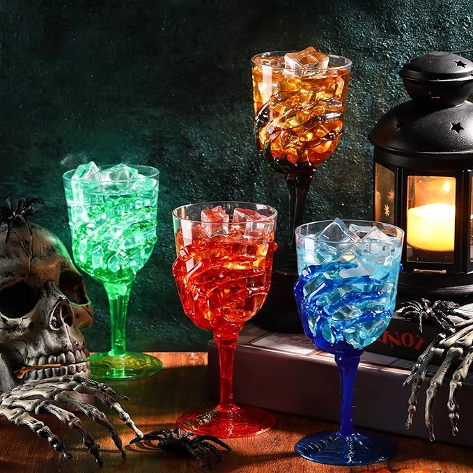 Sliner 24 Pcs Halloween Skeleton Hand Plastic Goblets 12 oz Spooky Skeleton Hand Goblets Halloween Wine Glasses Champagne Glassware Creepy Clear Cups for Party Haunted House, 4 Color-Ruum Studio Home