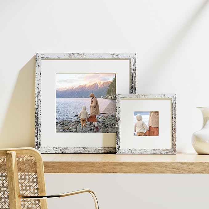 Vittanly 8x8 Picture Frames Set of 9, Shatter Resistant Plexiglass, Display 4x4 Pictures with Mat or 8x8 without Mat, Photo Frames for Wall Mount, Engineered Wood, Distressed White-Ruum Studio Home