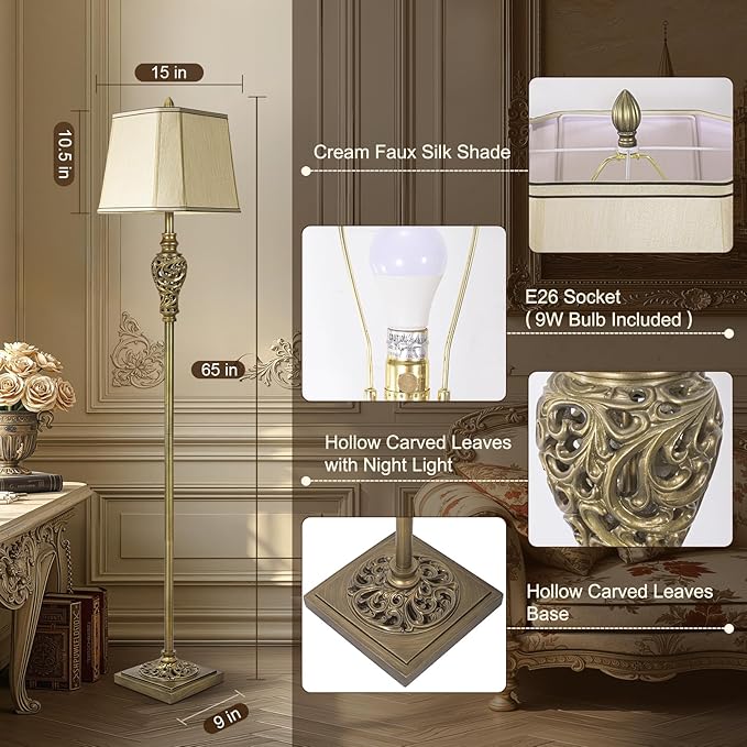 Vintage Floor Lamp for Living Room, 65" Tall Lamp with Nightlight and Beige Faux Silk Shade, Farmhouse Standing Lamp for Bedroom, Office Corner, or Study, Elegant Rustic Home Decor (LED Bulb Included)-Ruum Studio Home