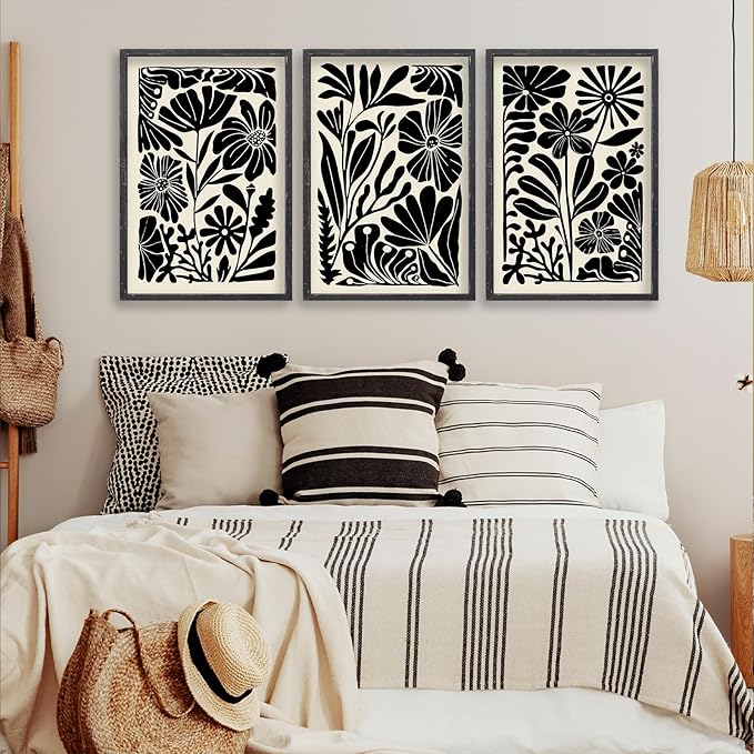 Abstract Floral Botanical Wall Art 16x24 Inch 3 Piece Black Vintage Boho Plant Flower Minimalist Wood Frame Sign Home Living Room Family Office Mid Century Print Wall Hanging Decor (Black)-Ruum Studio Home