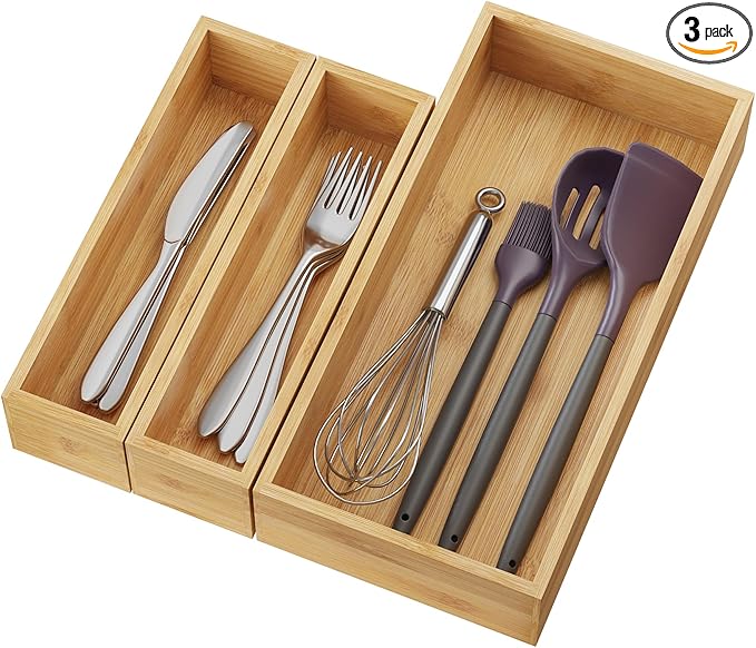 BAMEOS 3-Piece Bamboo Drawer Organizer, Utensil Organizer for Drawer, Junk Drawer Organizer for Kitchen Bathroom, Dressing Room, Office, Pantry (Natural)-Ruum Studio Home