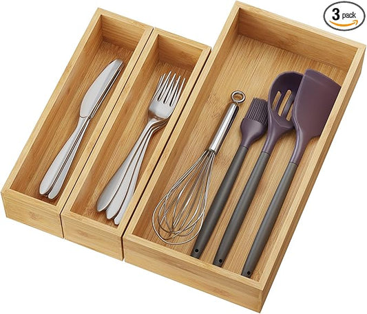 BAMEOS 3-Piece Bamboo Drawer Organizer, Utensil Organizer for Drawer, Junk Drawer Organizer for Kitchen Bathroom, Dressing Room, Office, Pantry (Natural)-Ruum Studio Home