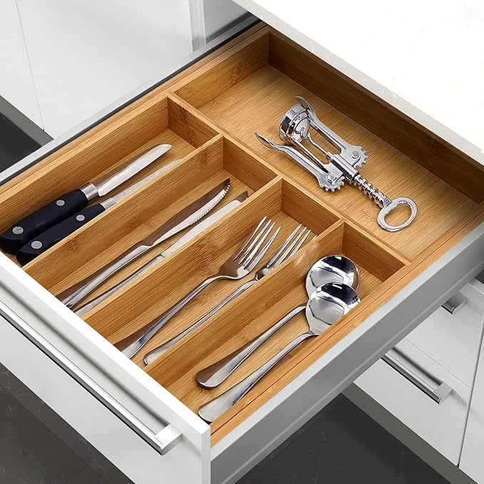 VaeFae Premium Bamboo Drawer Organizer, Expandable Silverware Drawer Organizer, Cutlery Tray with Dividers for Kitchen Utensils (Natural, Large)-Ruum Studio Home