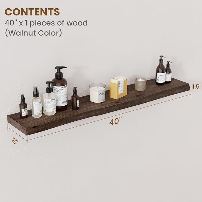 Floating Shelves for Wall Decor, Rustic Solid Elm Wood Live Edge Floating Shelves Wall Mounted, Wall Shelves with Invisible Bracket for Living Room Bathroom Bedroom Kitchen, 40 Inch Set of 1, Walnut-Ruum Studio Home