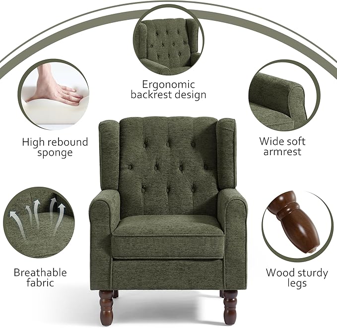 Lumibee High Back Accent Chair,Upholstered Wingback Armchair with Solid Wood Legs for Small Spaces,Comfy Single Sofa Chair for Living Room,Bedroom,Office-Green-Ruum Studio Home
