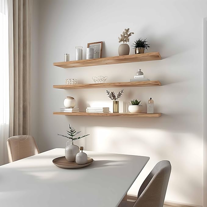Wood Floating Shelves for Wall Decor, Rustic Wall Shelves for Bedroom Bathroom Kitchen Living Room, Set of 4 Light Walnut 48 Inch-Ruum Studio Home