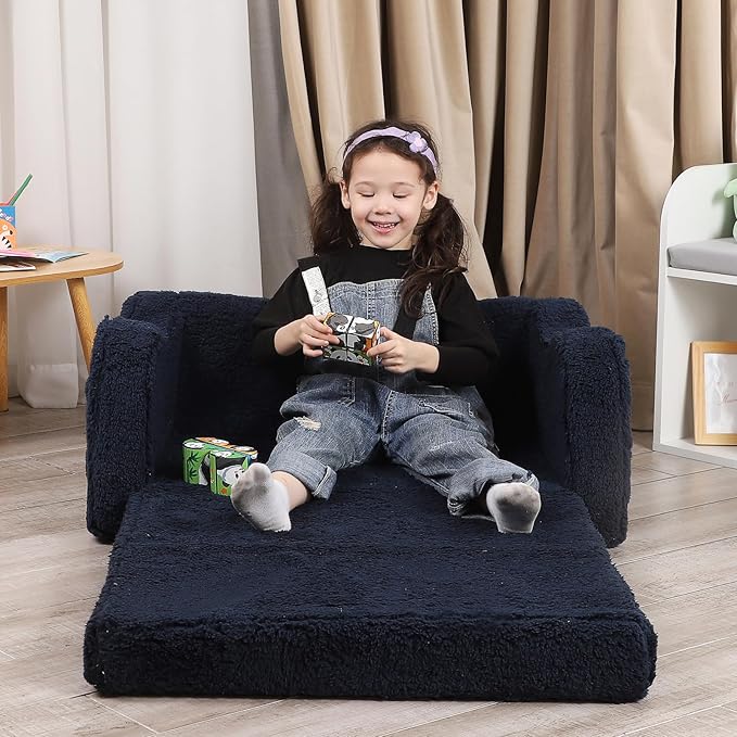 Kids Extra Wide Chairs for Toddler, 2-in-1 Toddler Soft Sherpa Couch Fold Out, Convertible Sofa to Lounger for Girls and Boys, Dark Blue-Ruum Studio Home