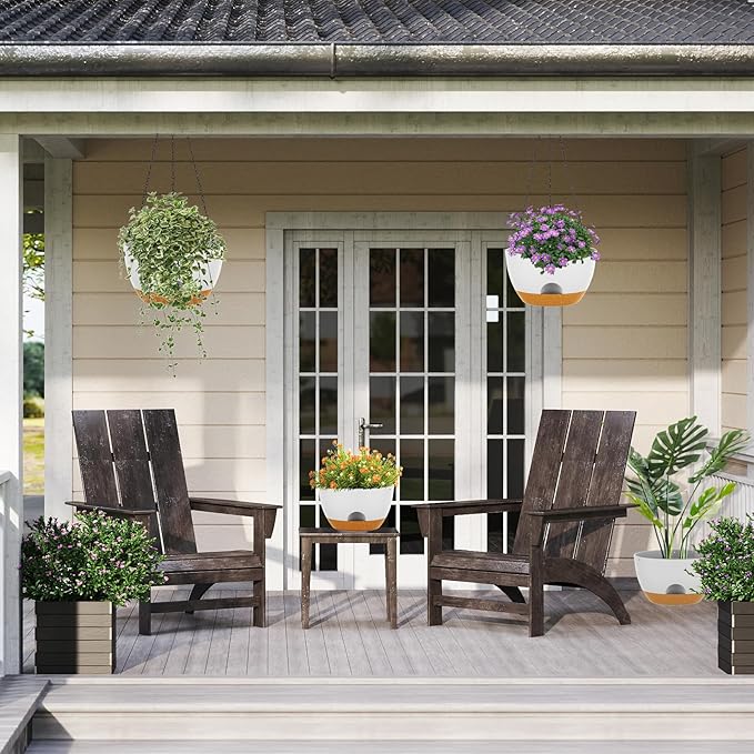 12 Inch Hanging Baskets 2 PC with Chains, Self-Watering Hanging Planters for Indoor Outdoor Plants, Plastic Hanging Flower Pots,White Brown-Ruum Studio Home