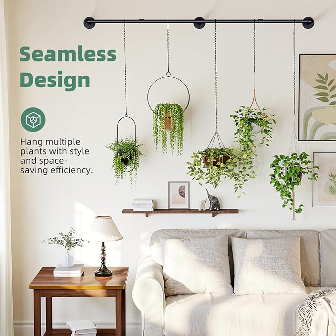 Plant Hanger Indoor with 6 Hanging Chains Hanging Planters for Indoor Plants Hanging Plant Holder Window Plant Rod Black Metal Shelves(70.8 Inch Pot not Included-Ruum Studio Home