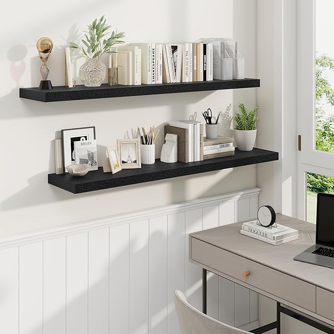 Fun Memories 48 Inch Deep Floating Shelves for Wall, 2 Pack of Long Wall Mounted Wood Shelves with Invisible Brackets for Bathroom, Bedroom, Living Room, Kitchen Decor and Storage, Black-Ruum Studio Home