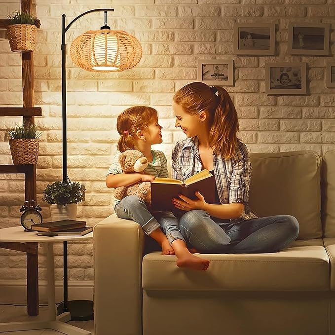 Arc Floor Lamps for Living Room Bedroom Rattan Boho Floor Lamp with Remote Control,Dimmable Led Standing Lamp Wicker Lamp Shade Rustic Tall Floor Lamp Modern Flower Lamp for Bedroom Corner-Ruum Studio Home