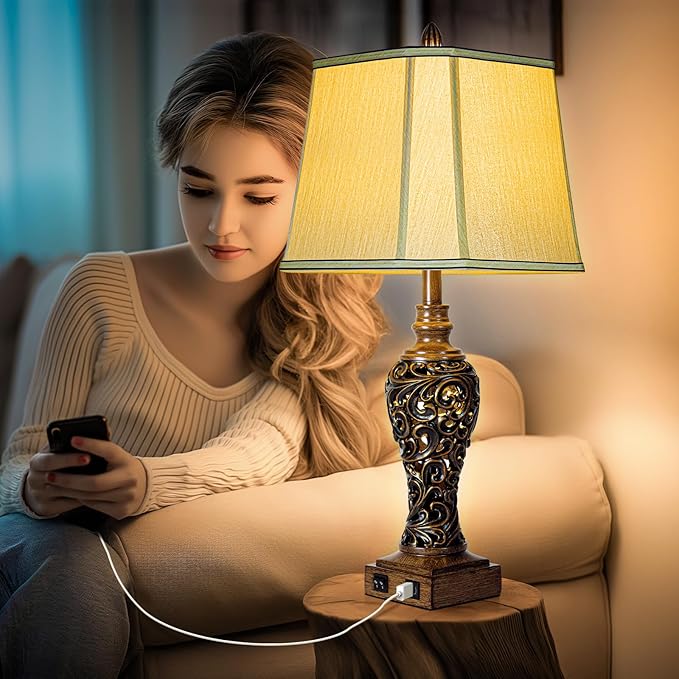 28.5'' Tall Farmhouse Vintage Table Lamp Set of 2 with Faux Silk Shade USB Ports Nightlight Decor for Bedside Living Room Bedroom Nightstands Office Home, Dark Bronze(Bulbs Included)-Ruum Studio Home
