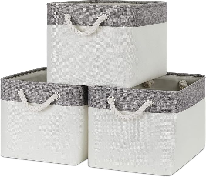 Bidtakay White Baskets with Cotton Rope Handles Decorative Storage Bins [3-pack] Fabric Bins for Organization Linen Closet Shelf Storage Baskets for Clothes Toys Towels 15 X 11 X 9.5 Inches-Ruum Studio Home