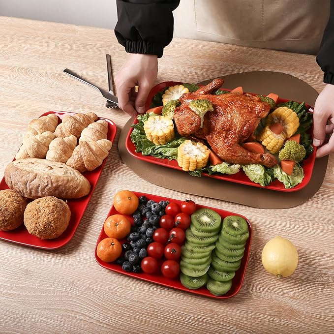 Vicrays Ceramic Rectangle Serving Platters - 14" 12" 10" Porcelain Serving Trays Plates for Party BBQ Appetizers Sushi Dessert - Microwave Oven and Dishwasher Safe - Set of 3 Red-Ruum Studio Home