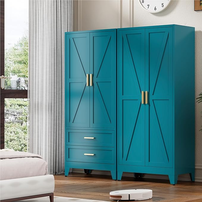 71'' Farmhouse Metal Wardrobe Cabinet with Hanging Rod, 2 Barn Door Wardrobe Closet with Adjustable Shelves,2 Drawer,for Dining Room,Bedroom,Living Room, Cloak Room,Office (Peacock Blue)-Ruum Studio Home