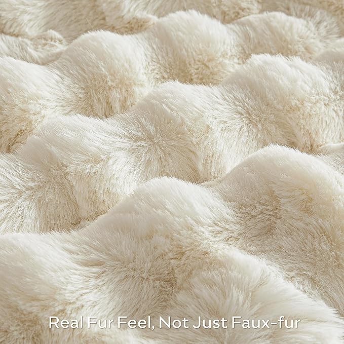 JELLYMONI Faux Fur Throw Blanket, White Fuzzy Cozy Plush Bubble Bed Blanket, Thick and Warm King (108" x 90")-Ruum Studio Home