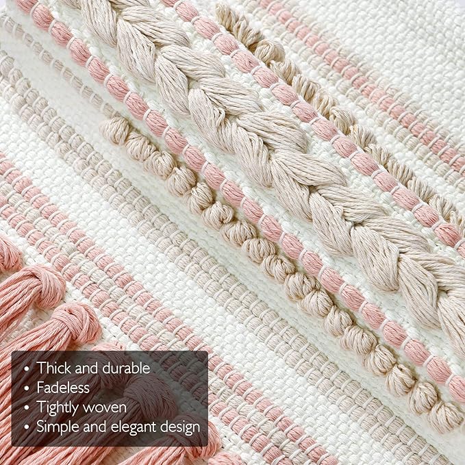 Dremisland Macrame Woven Wall Hanging Home Decor Bohemian Beige Geometric Wave Art Decor with Wool Ball and Tassle-Elegant Apartment Bedroom Dorm Room Door Decoration (Pink Line)-Ruum Studio Home