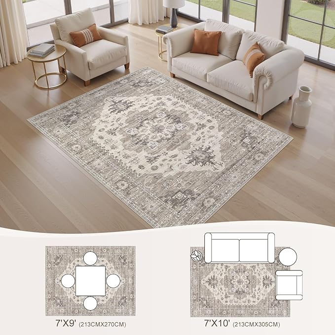Washable Area Rugs for Living Room -7x10 Neutral Vintage Distressed Floral Farmhouse Boho Large Soft Floor Rug Indoor Non Slip Carpet for Living Room Bedroom Dining Room Office-Brown/Beige-Ruum Studio Home
