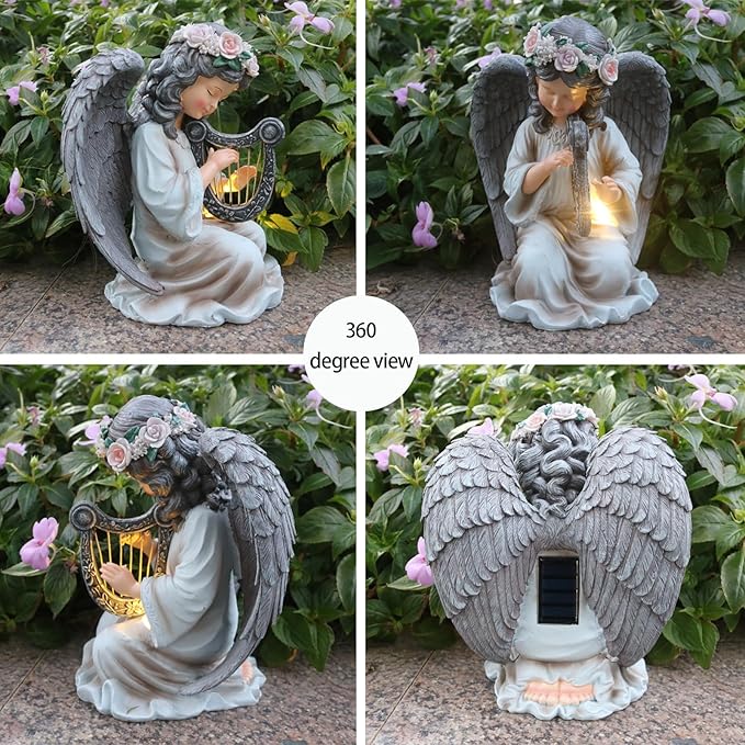 Garden Angel Decor Solar Angels Statues for Garden Waterproof Angel Sculpture Playing The Harp Solar Angels for Yard Patio Gardening Gift-Ruum Studio Home
