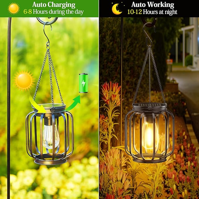 Solar Hanging Lanterns Outdoor: 2 Pack Metal Solar Hanging Lights with Hook, Bright - Warm Waterproof LED Lanterns for Outside, Classic Decorative Solar-Powered Light for Yard Garden Patio Porch Decor-Ruum Studio Home