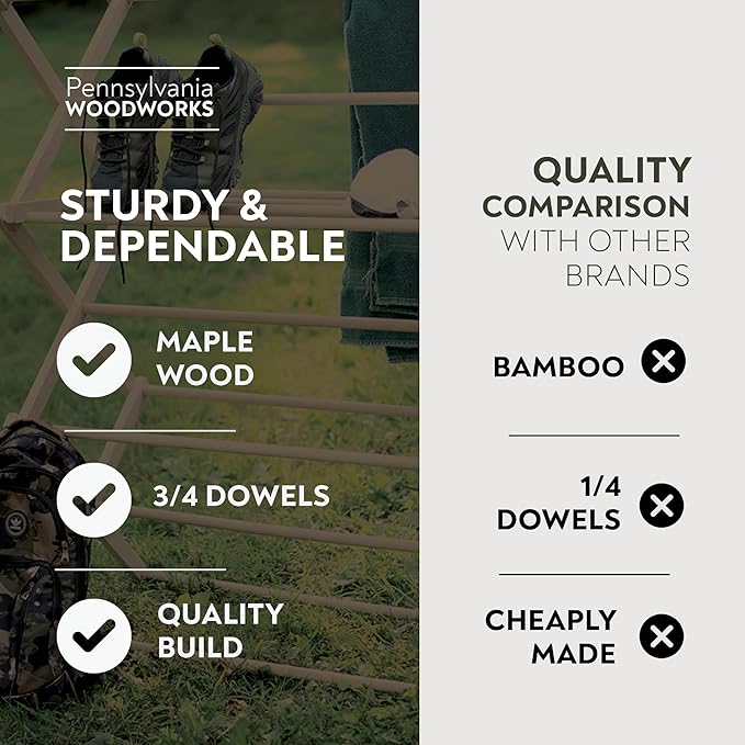 Pennsylvania Woodworks Premium American Maple Clothes Drying Rack - Handcrafted in Pennsylvania - Solid Wood Construction, Collapsible, Eco-Friendly Laundry Solution (Large)-Ruum Studio Home
