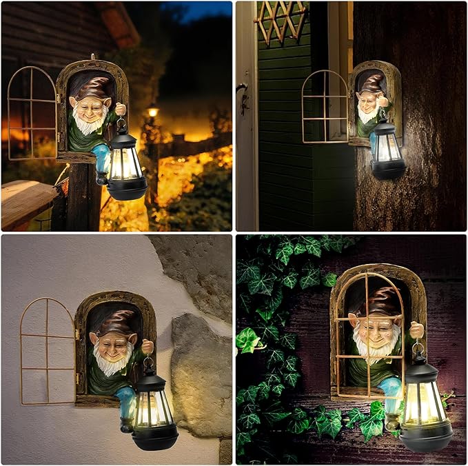 Garden Gnome Decor Outdoor Statue - Gnome With Solar Waterproof Lantern, Whimsical Elf Out The Door Tree Hugger Garden Statues, Home, Fence, Patio, Resin Ornament, Gardening Gift Tree Faces Gnomes-Ruum Studio Home