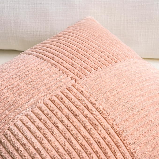 Fancy Homi 2 Packs Peach Lumbar Decorative Throw Pillow Covers 14x24 Inch for Living Room Couch Bed Sofa, Rustic Farmhouse Boho Home Decor, Soft Striped Corduroy Rectangle Accent Cushion Case 35x60 cm-Ruum Studio Home