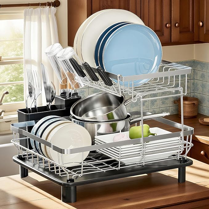 MOUKABAL Dish Drying Rack - 2 Tier Stainless Steel Dish Rack, Dish Racks for Kitchen Counter, Drying Rack Kitchen with Removable Utensil Holder and Drainboard (Black)-Ruum Studio Home