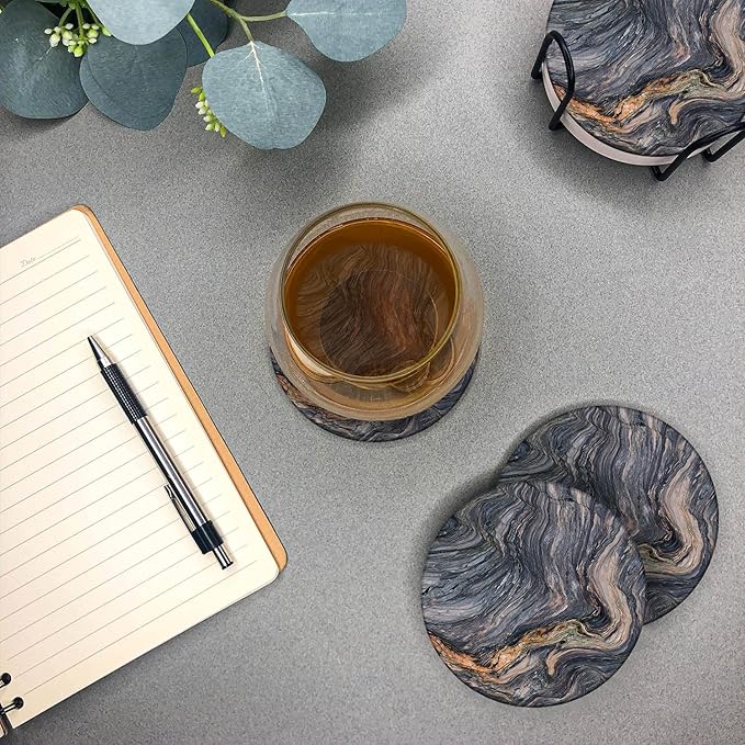 Emerson Coasters for Drinks Absorbent – Natural Stone Drink Coasters Set with Holder, Coasters for Coffee Table, Wooden Tabletop Protection Marble Style – 100% Heavy Duty Set of 6 (Magma)-Ruum Studio Home